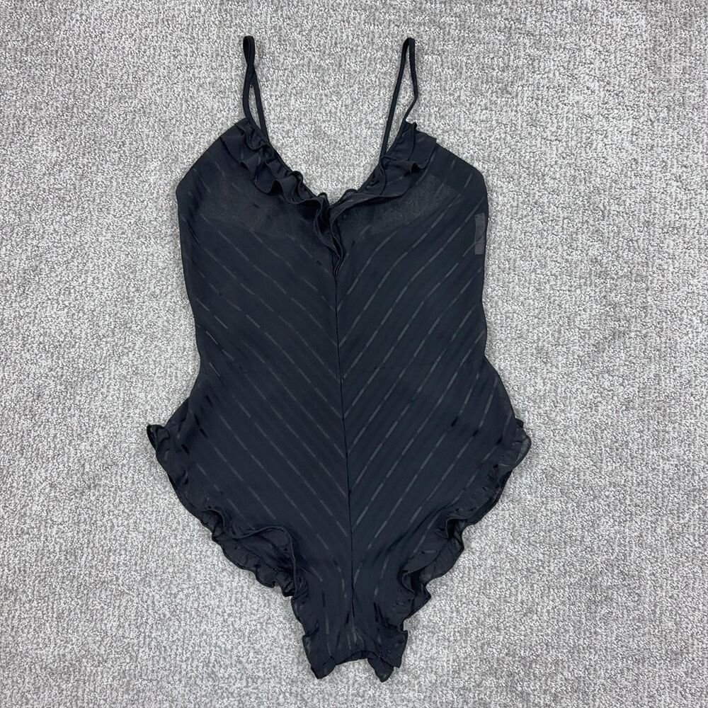 Vintage Barbizon Teddy Womens Medium Black Sheer Stripe Ruffle Lingerie Sexy